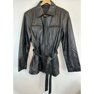 Avanti Genuine Black Leather Jacket Large Belted Zip